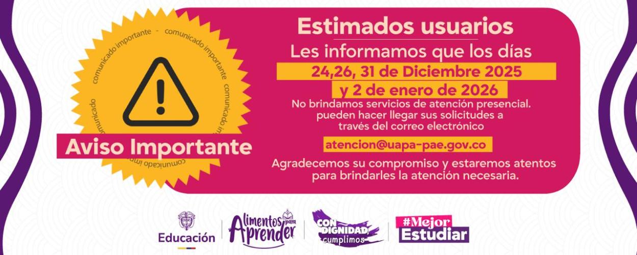 Informamos que el 24, 26, 31 de Diciembre de 2025 y 2 de enero de 2026 no brindaremos servicios de atención presencial
